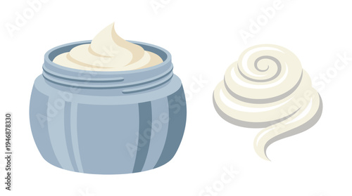 A vector illustration of an open jar of cosmetic cream and a textured swirl sample. Ideal for beauty, skincare, and dermatology concepts. Simple and clean graphic design.