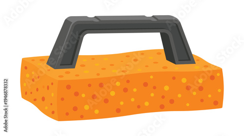 A vector illustration of an orange cleaning sponge with a dark handle. This simple, flat design icon is perfect for household chores, cleaning services, or hygiene concepts.