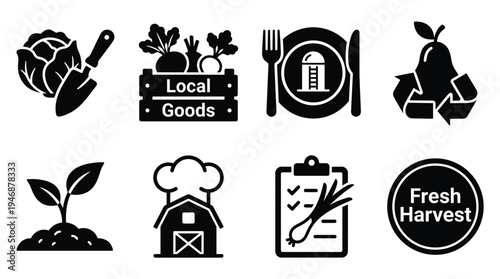 A set of black vector icons representing local farming, organic food, and sustainability. Perfect for farm-to-table concepts, grocery branding, and healthy lifestyle graphics.