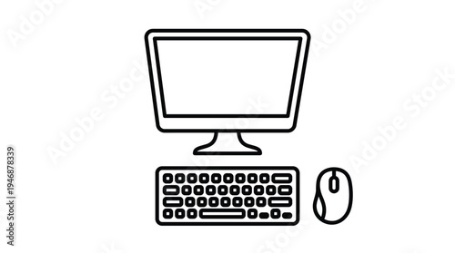 A simple line art icon of a computer workstation. Minimalist vector illustration of a PC with monitor, keyboard and mouse. Represents technology, business, or office concepts.