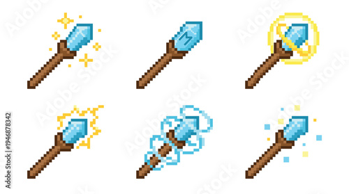 A set of pixel art magic staffs with blue crystals. Includes various spell effects for a fantasy RPG video game. Vector illustration of wizard wands and magical items.