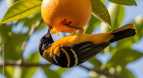 A small orange and black bird perched on a tree branch eating an orange