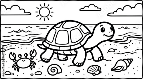 Black and white outline drawing smiling turtle walking on sandy beach with crab shells sun clouds sea waves vector art