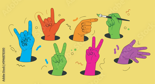 Colorful diverse hands making gestures from holes on eps 10
