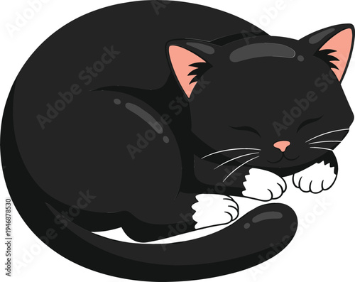 Cute sleeping black cat cartoon curled up peacefully, adorable kitten resting character for pet lovers nursery design stickers and vector illustration