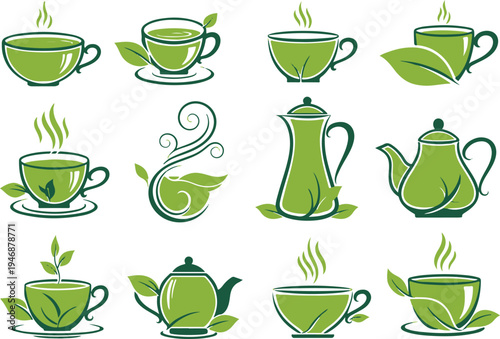 Vectoe art of set of green tea cups and teapots