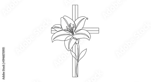 Elegant Lily Flower on Christian Cross Outline Illustration