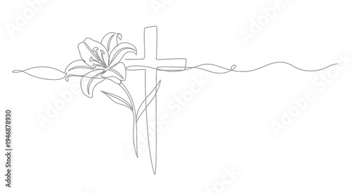 Elegant Cross and Lily Flower Line Art
