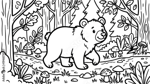 Cute cartoon bear walking on a forest path surrounded by detailed trees mushrooms and plants black and white line art coloring page style
