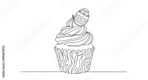 Hand-drawn Easter cupcake with decorated egg topping, line art illustration