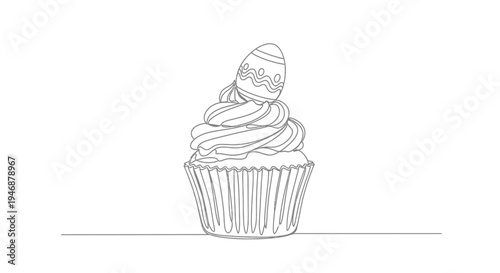 Easter cupcake with decorated egg topping, minimalist line art