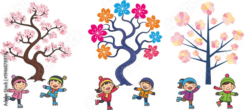 Cute kids ice skating, colorful winter trees, happy children in winter clothes, fun winter activity scene, playful seasonal outdoor illustration