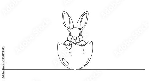 Cute bunny rabbit hatching from cracked egg, minimalist line art, Easter concept