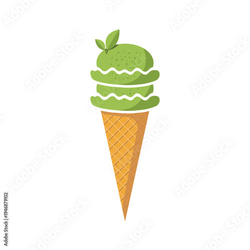 Matcha ice cream and leaves isolated on white background. Green scoops in waffle cone. Japanese matcha tea dessert. 