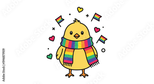 Adorable Chick with Pride Scarf Surrounded by Hearts and Pride Flags.