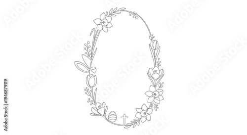 Easter Egg Wreath Outline with Flowers, Cross and Bunny Ears