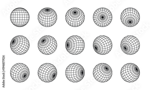 Set of black wireframe Globe spheres in multiple views and rotations isolated on white background. Minimal 3D grid mesh geometry collection for technology, geodesy, UI, infographics and design element
