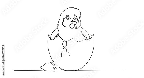 Cute chick hatching from egg, minimalist line drawing, fresh start concept
