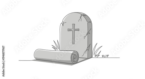 Tombstone with Scroll and Cross Illustration - Concept of Memory, Legacy, Endings