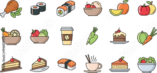 Cute food doodle icon collection with sushi fruits desserts coffee and healthy bowls, colorful hand drawn menu elements vector illustration set