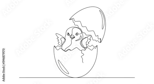 Cute chick hatching from cracked egg, line art illustration for Easter and spring