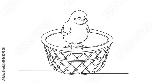 Cute Chick in a Basket - Line Art Drawing