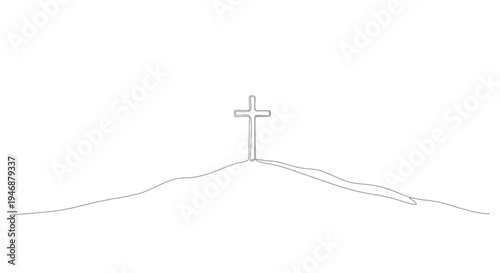 Minimalist cross on a hill, single line drawing, religious symbol