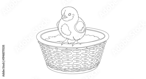 Cute Chick in Woven Basket Outline Drawing
