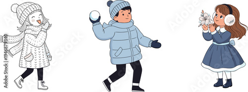 Cute kids playing in winter clothes, snowball fight, winter fun, cozy scarves, hats, mittens, joyful children, holiday season illustration.