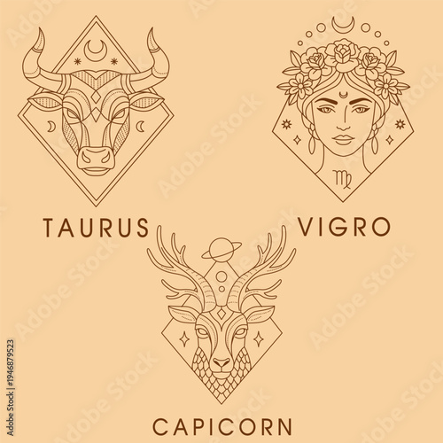 Earth zodiac signs set: Taurus, Virgo, Capricorn