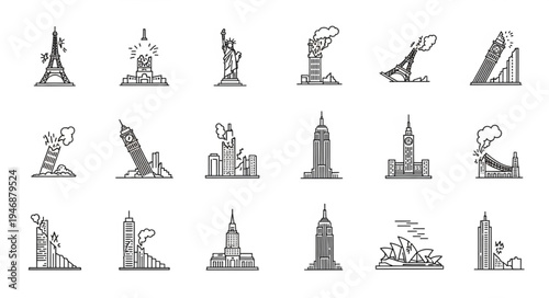 Collection of Damaged and Collapsed Buildings in Sketch Style.