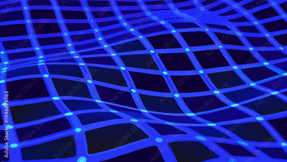 Naklejka premium Abstract blue grid with warped perspective and glowing nodes