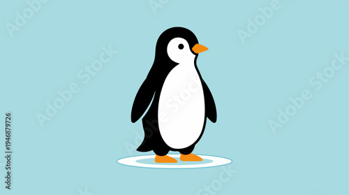 Cute penguin standing on ice, a charming illustration on blue background.