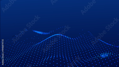 Abstract digital waves and particles forming a blue seascape illustration
