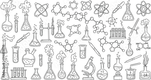 Hand drawn chemistry doodle set with laboratory glassware molecules atoms microscope and science experiment elements educational research vector illustration
