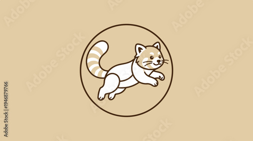 Cute red panda jumping inside a brown circle, cartoon style.