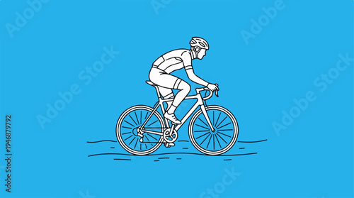 Cyclist in motion on a bicycle, blue background, minimalist illustration.