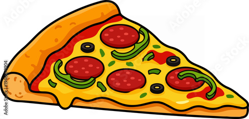 Delicious Pizza Slice with Pepperoni, Olives, and Green Peppers.