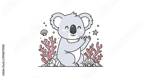 Adorable Koala Illustration Amidst Coral and Seashells in Cartoon Style.