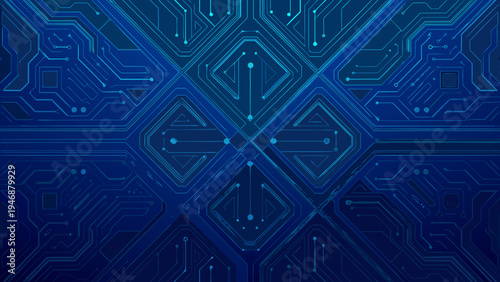 Abstract blue circuit board pattern with interconnected lines and geometric shapes