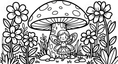 Cute fairy girl smiling with magic wand standing in front of large spotted mushroom surrounded by flowers and grass vector line art