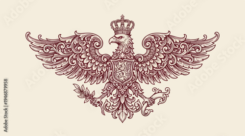 Detailed illustration of a majestic eagle with a crown and ornate wings.