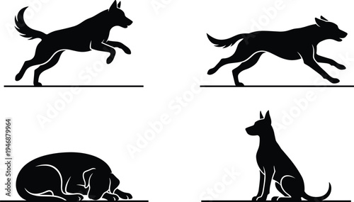 WebBlack dog silhouette set, German Shepherd running, jumping, sitting, and sleeping icons, vector pet animal poses for minimalist graphic design.