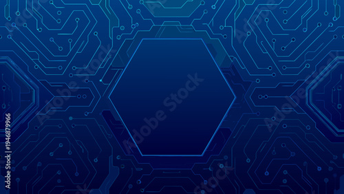 Abstract blue circuit board pattern with hexagonal shapes and glowing lines