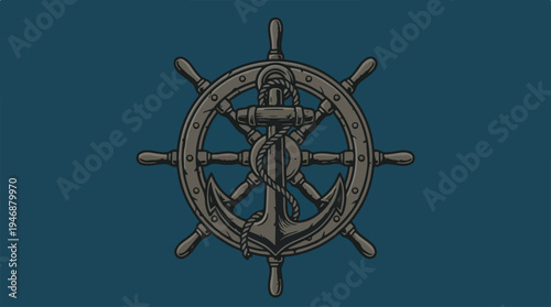 Detailed illustration of a ships wheel and anchor on a blue background.