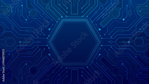 Abstract blue circuit board pattern with a central hexagonal shape