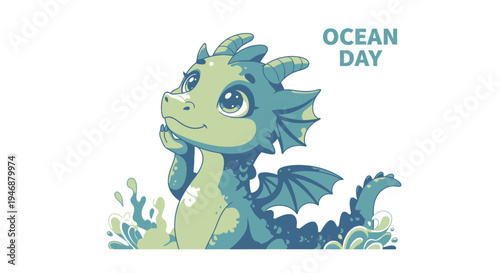 Adorable Ocean Dragon Celebrating Ocean Day with Playful Charm.