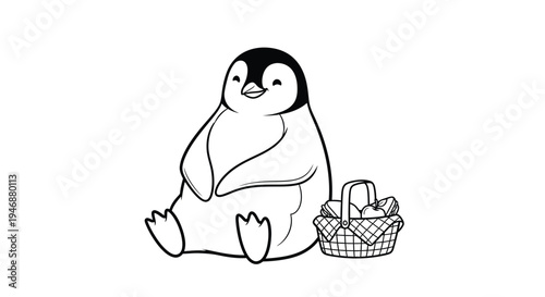 Adorable Penguin with Basket - A Charming Black and White Illustration.