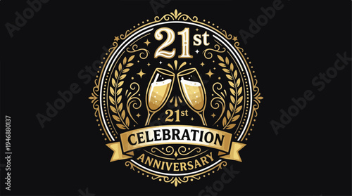 Elegant 21st Anniversary Celebration Logo with Champagne Glasses.