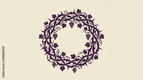 Elegant circular wreath design with thorns and grape clusters.